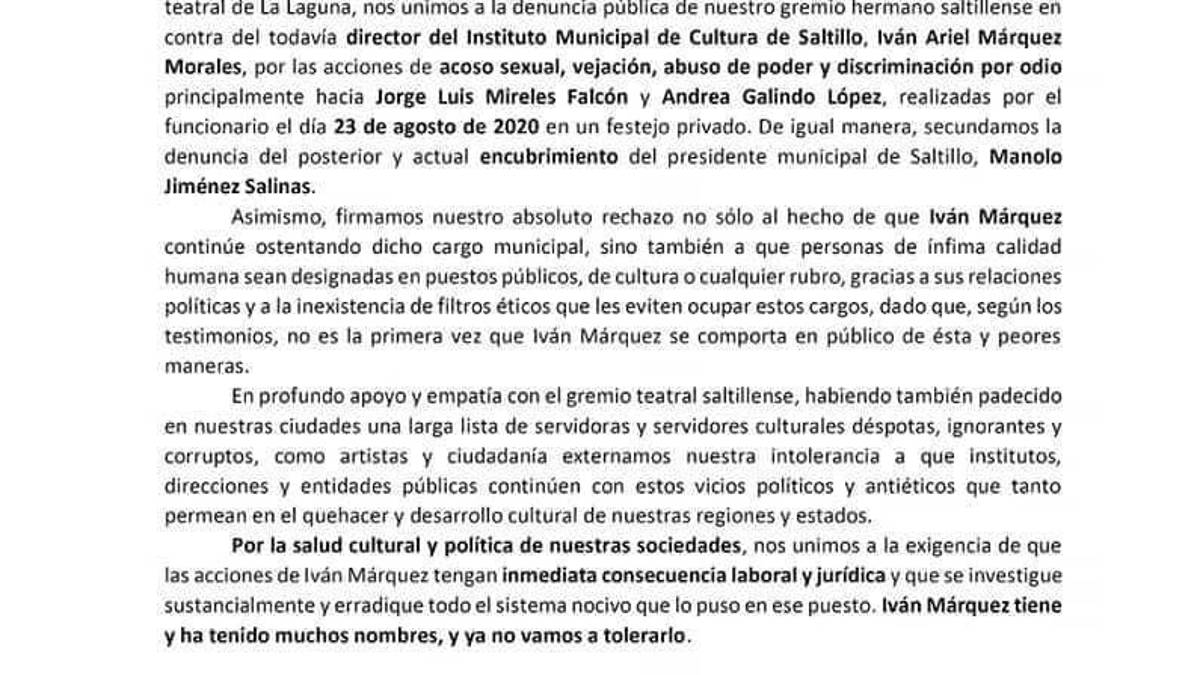 Gremio teatral lagunero se une a causa contra Iván Márquez