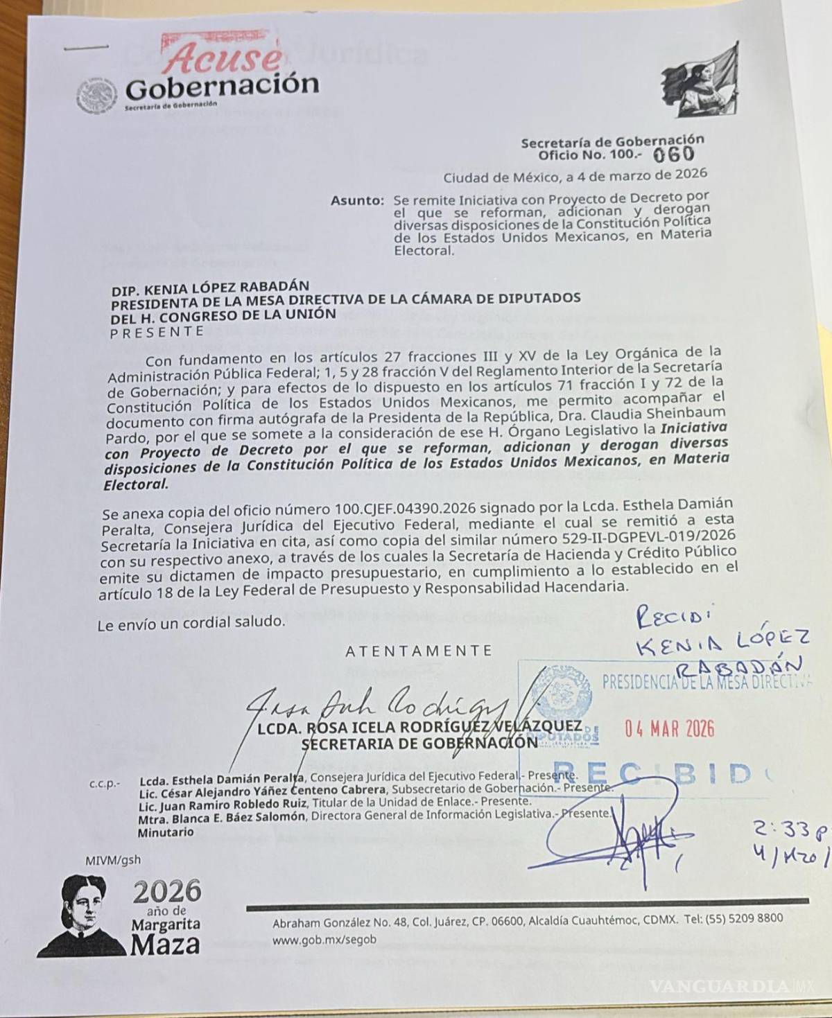 $!Recibe Cámara de Diputados propuesta de reforma electoral de Claudia Sheinbaum