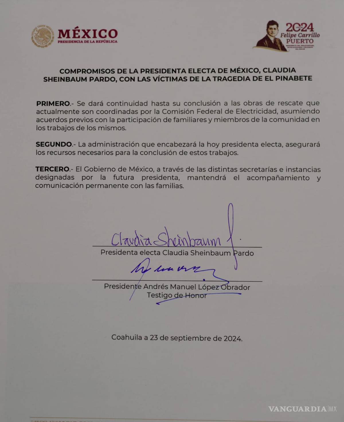 $!Esta fue una de las cartas-compromiso que firmó Sheinbaum ante los familiares de los mineros de la Región Carbonífera.