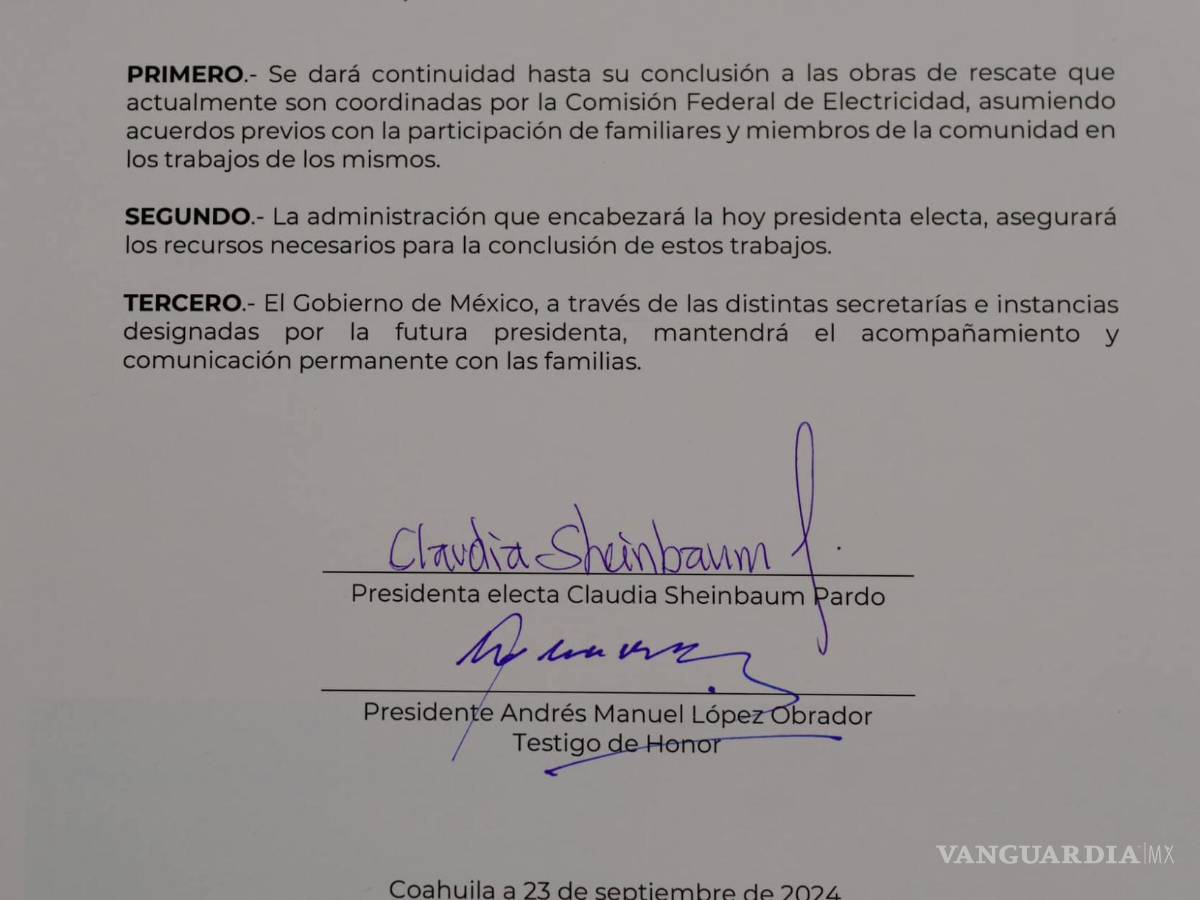 $!Esta fue una de las cartas-compromiso que firmó Sheinbaum ante los familiares de los mineros de la Región Carbonífera.