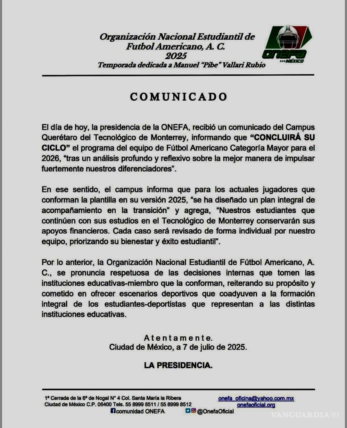 $!Comunicado oficial de la desaparición del equipo de futbol americano campus Querétaro.