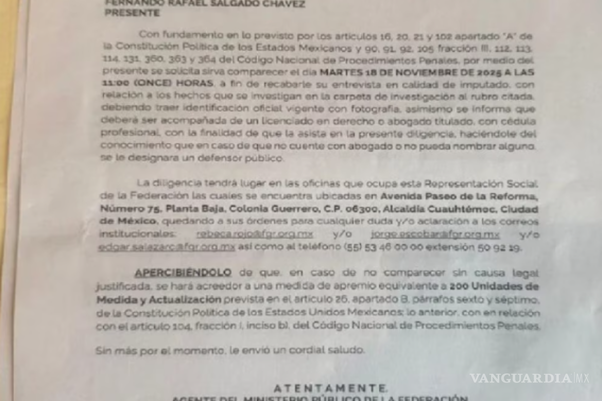 $!La FGR donde se llamó a comparecer al empresario Fernando Rafael Salgado Chávez.