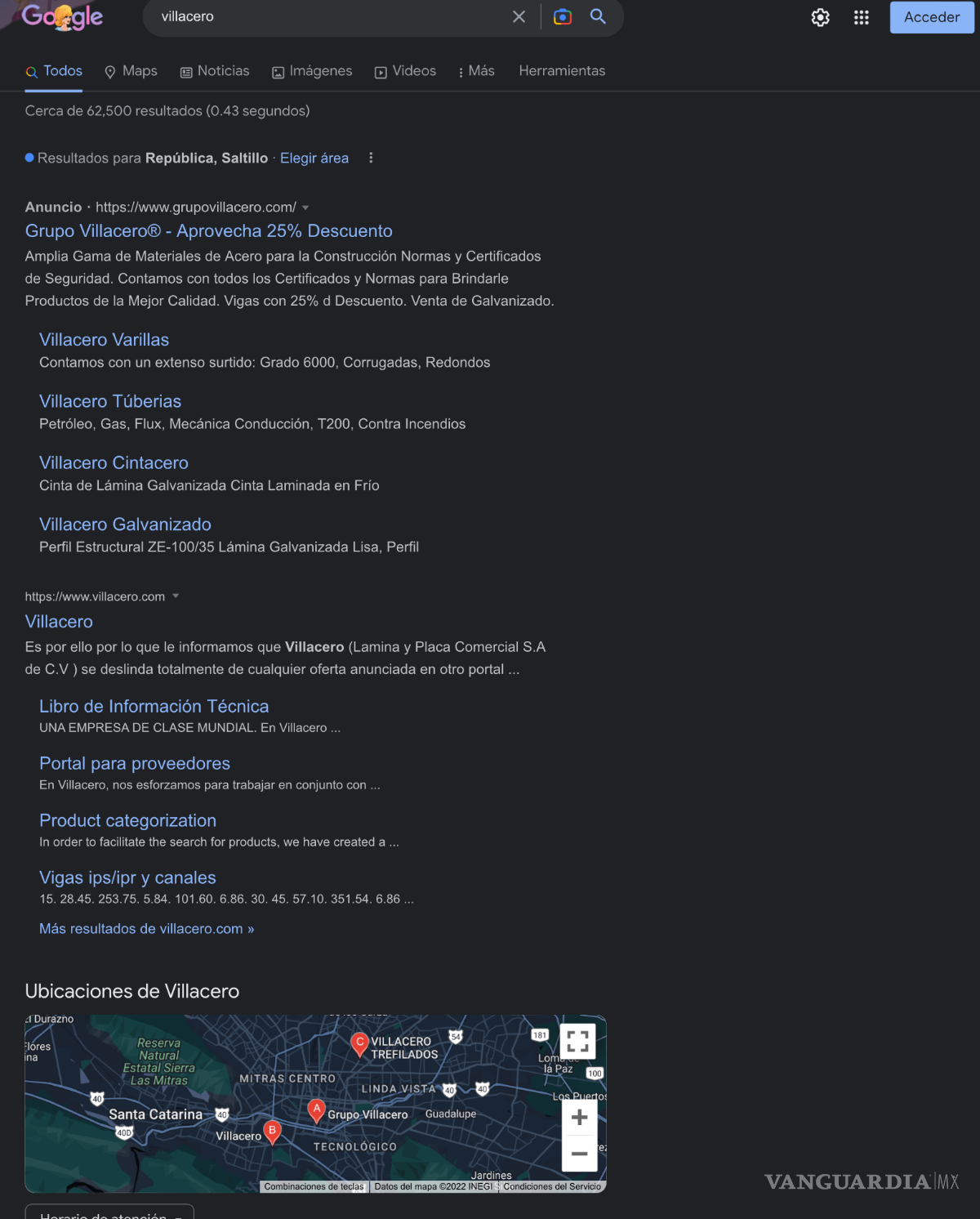 $!Hasta ayer a las 16:30 horas, Google seguía priorizando, como anuncio, a la página pirata cuando se buscaba la palabra “Villacero”.