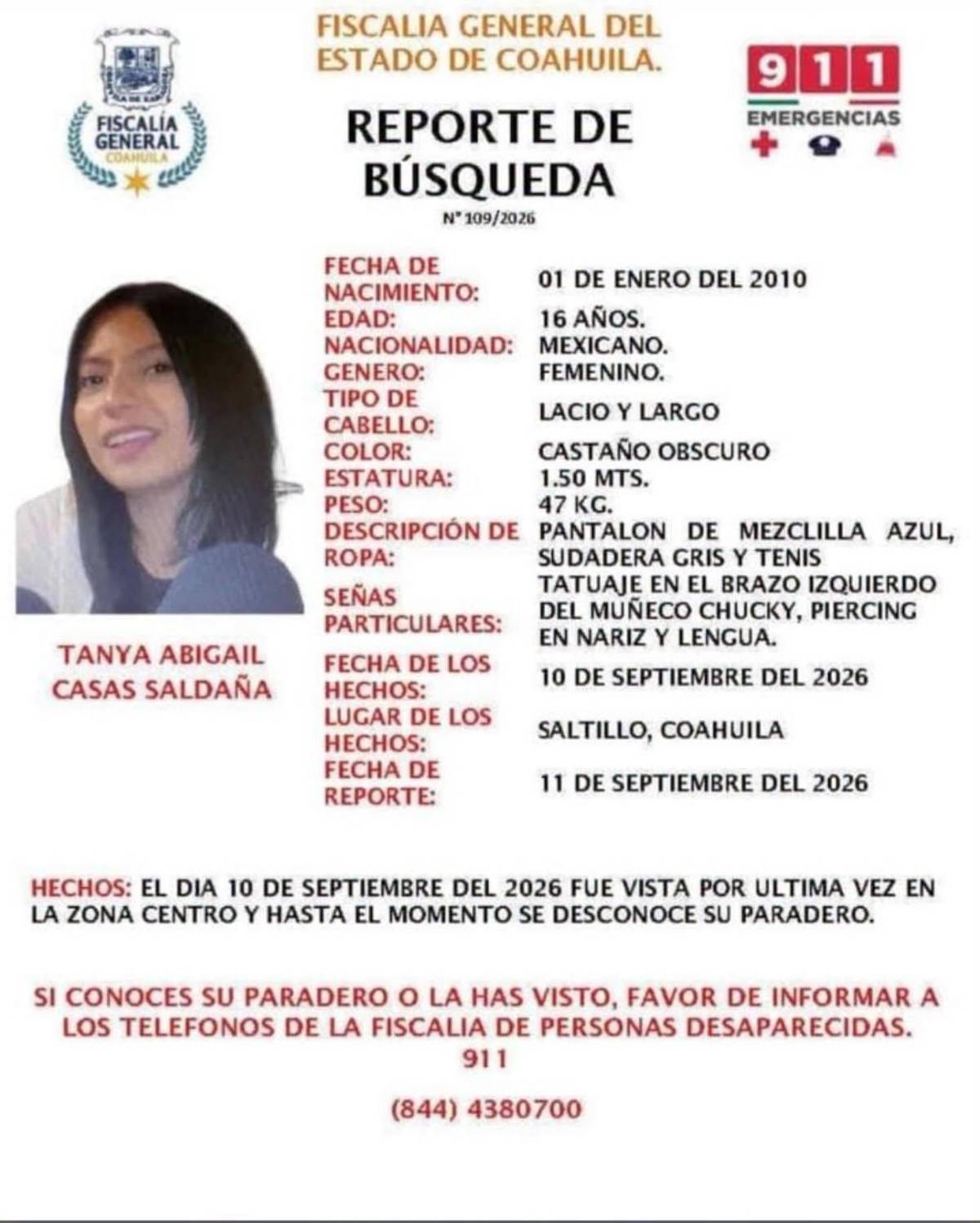 $!Solicitan apoyo para localizar a Tanya, de 16 años; desapareció en el Centro de Saltillo