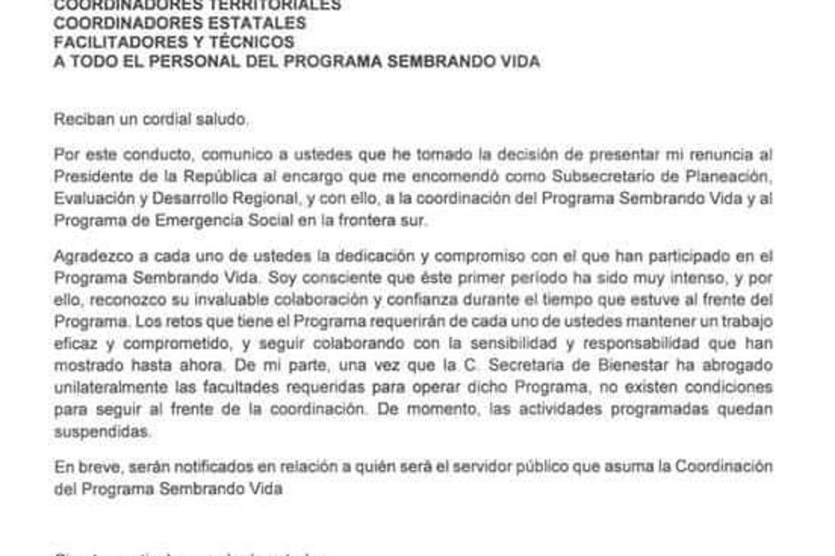 $!Renuncia coordinador de Sembrando Vida: 'No hay condiciones para seguir'