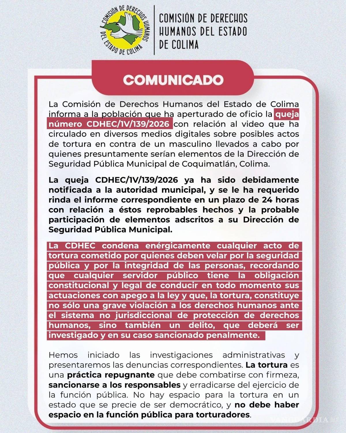 $!Comisión de Derechos Humanos de Colima investiga presunta tortura cometida por policías de Coquimatlán