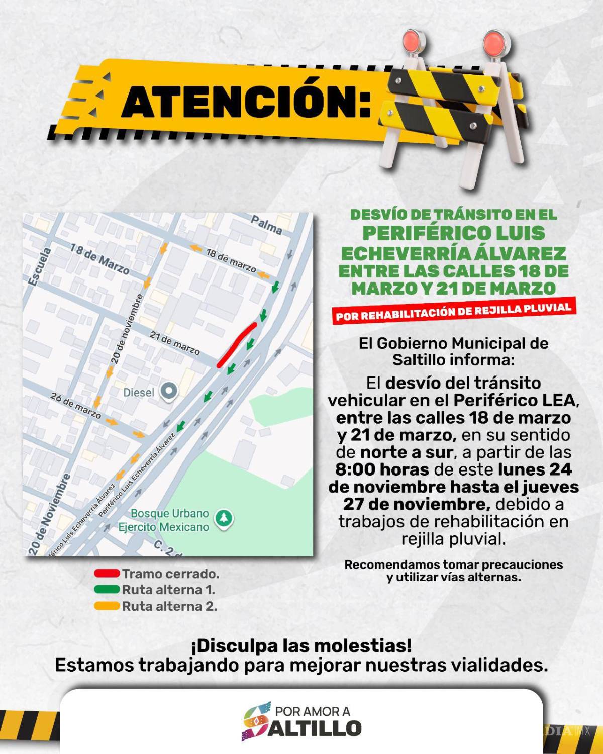 $!¡Atención Saltillo! Anuncian cierre parcial en el Periférico LEA del lunes próximo al jueves por rehabilitación de rejilla