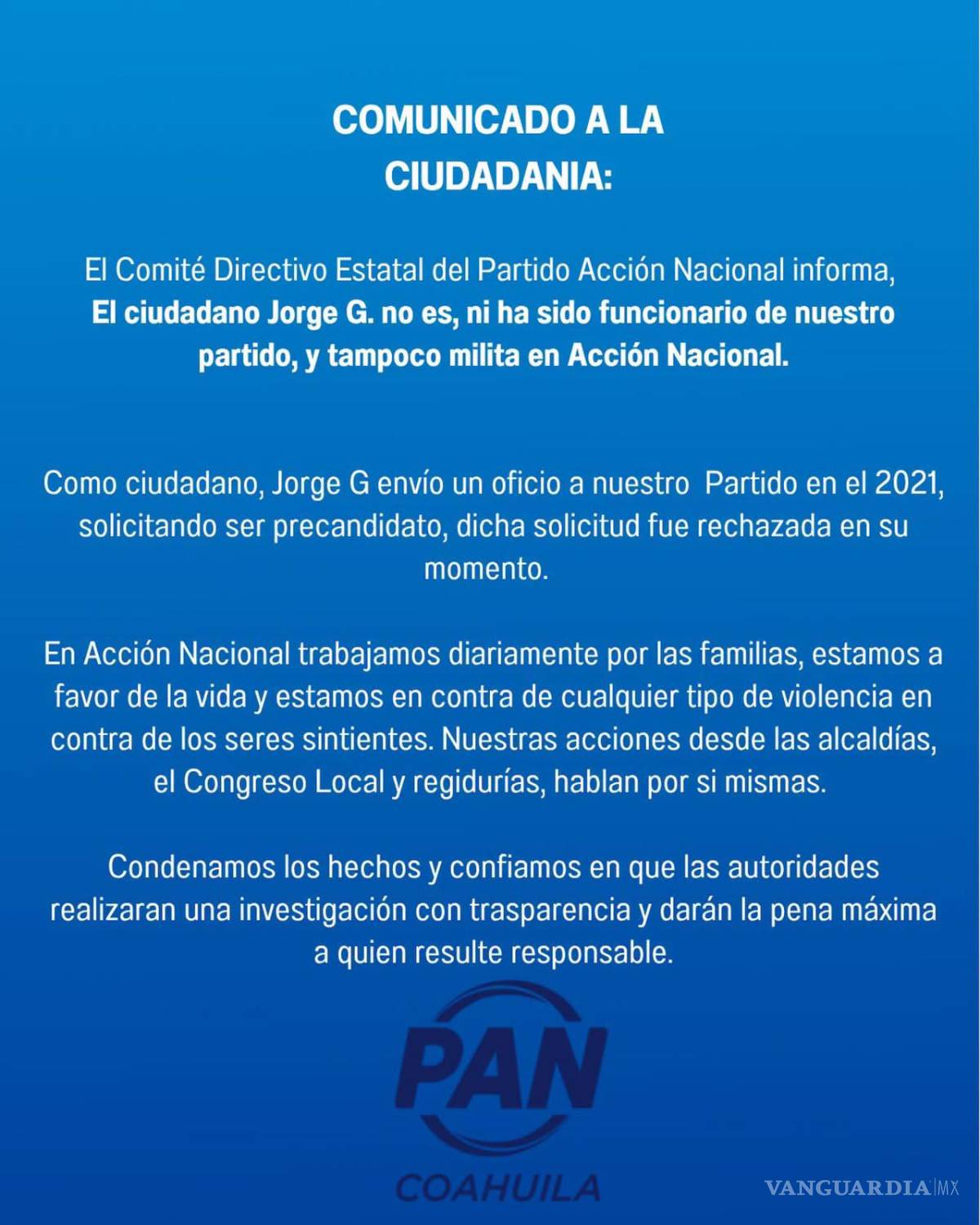 $!El Comité Directivo Estatal del PAN difundió un comunicado en el que negó cualquier vínculo con Jorge “N” y aseguró que el señalado no milita ni ha sido funcionario del partido.