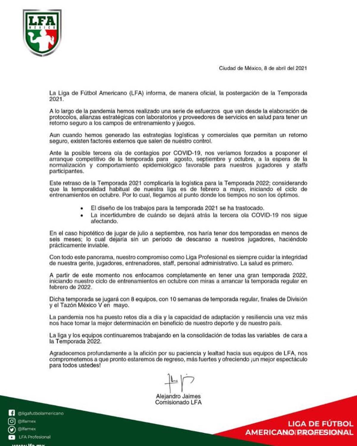 $!LFA cancela la temporada 2021