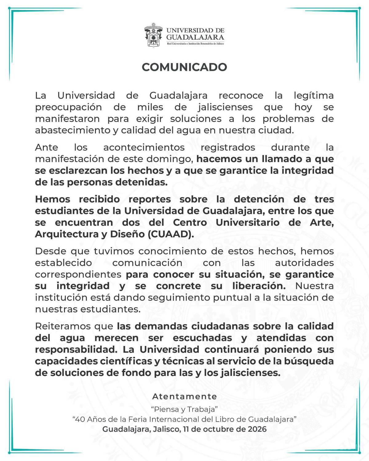 $!UdeG exige esclarecer detención de estudiantes tras protesta por agua en Jalisco