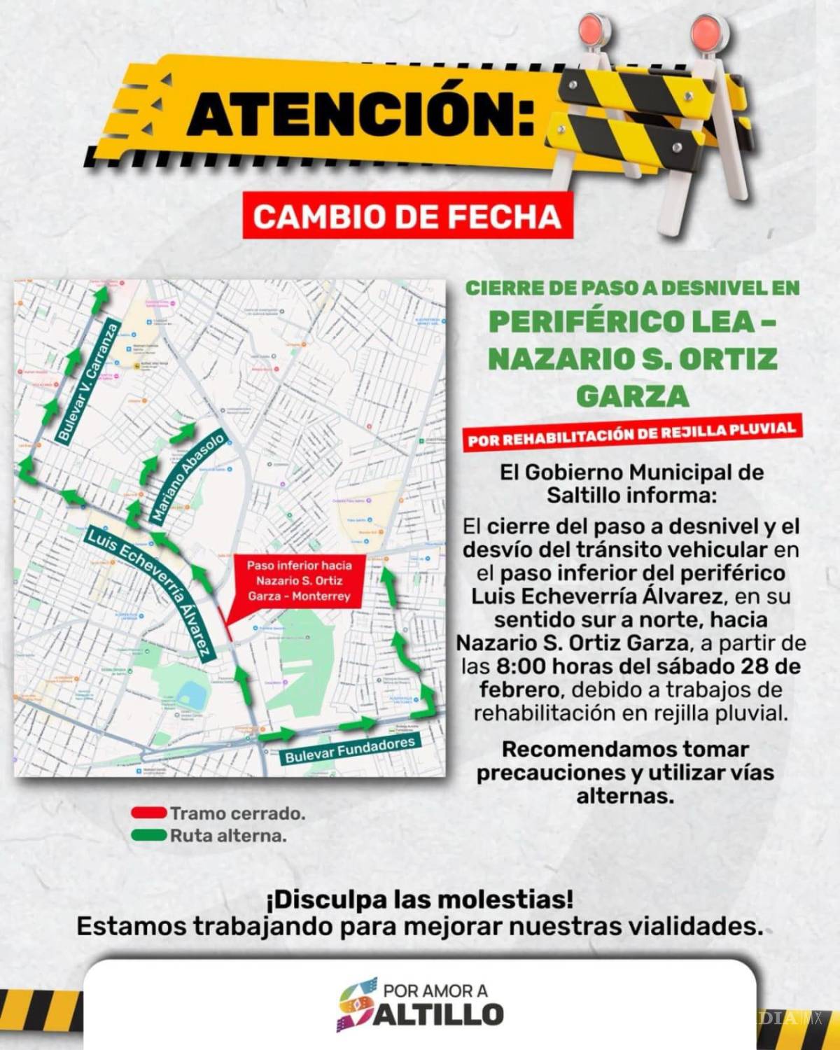 $!El cierre del paso a desnivel en el periférico Luis Echeverría Álvarez iniciará este sábado a las 8:00 horas por trabajos en una rejilla pluvial. CORTESÍA
