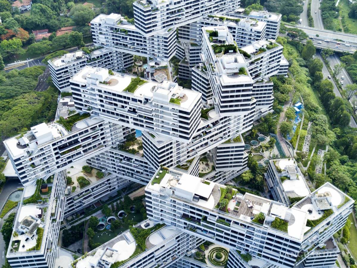 $!Complejo residencial The Interlace, de OMA/Ole Scheeren, vista aérea completa.