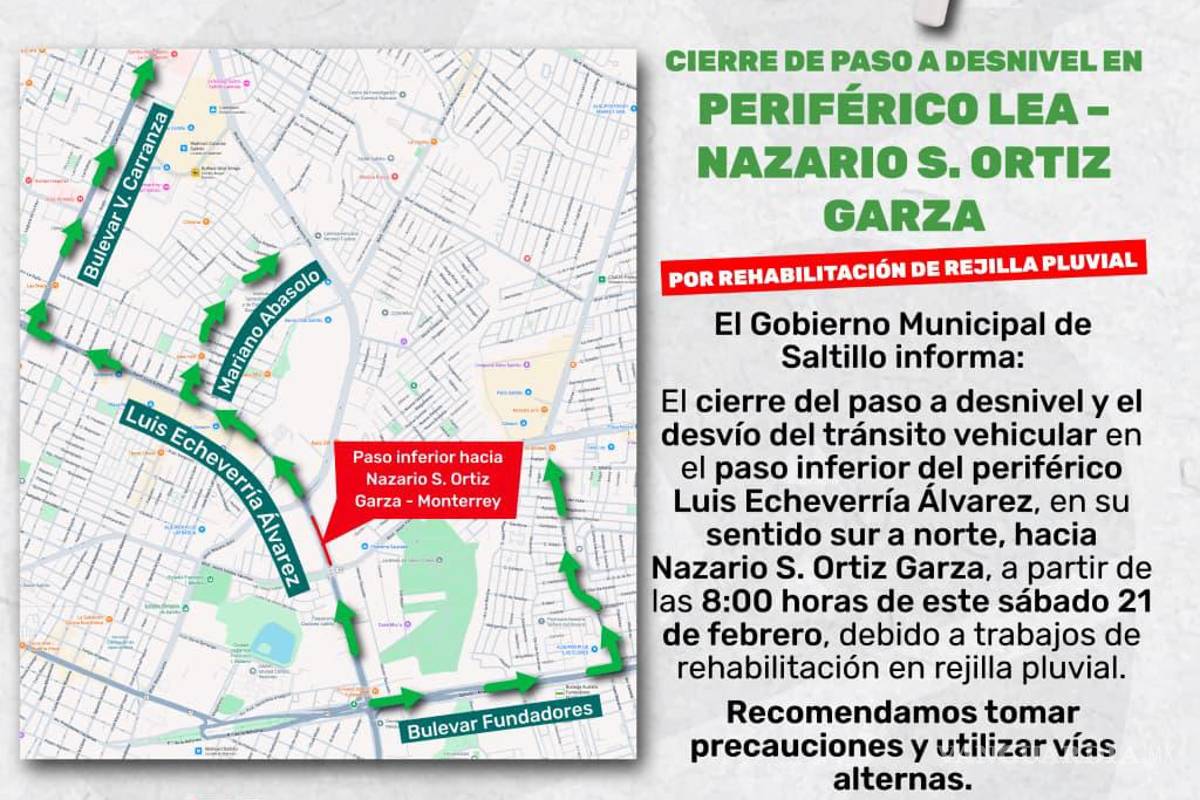 $!El cierre del paso a desnivel en el periférico Luis Echeverría Álvarez iniciará este sábado a las 8:00 horas por trabajos en una rejilla pluvial.