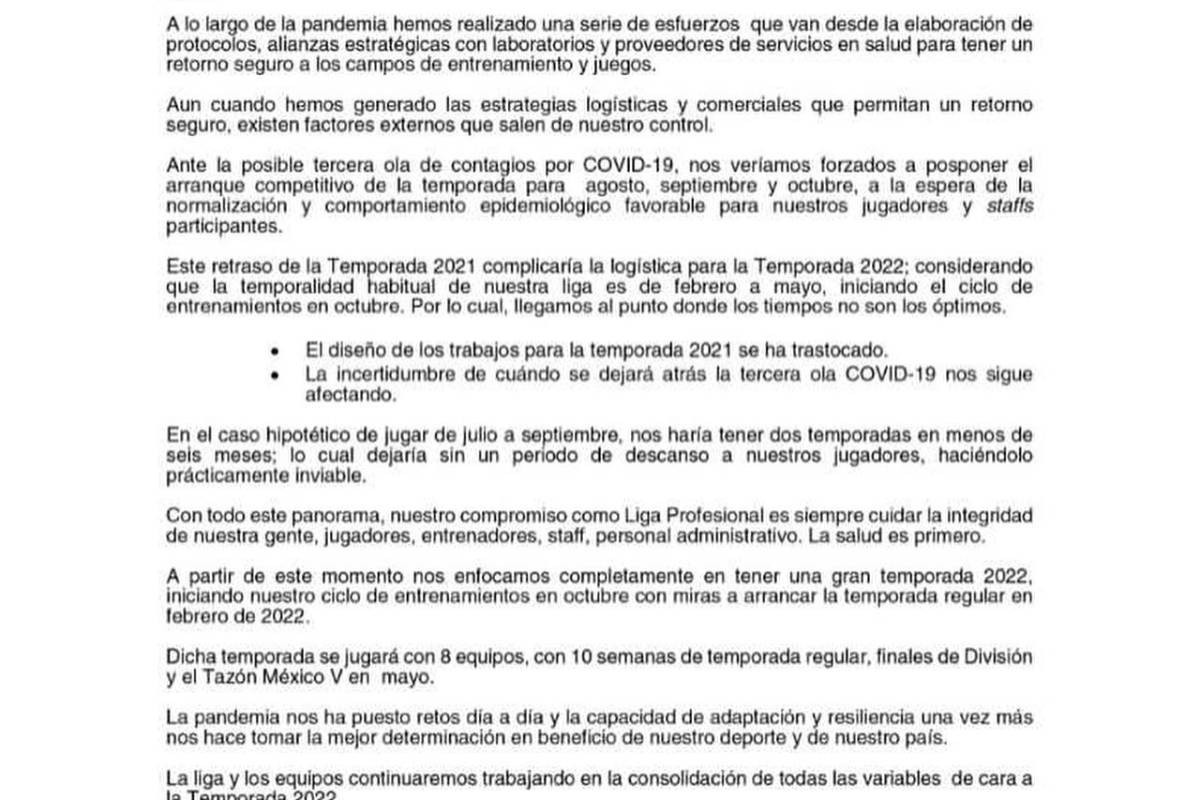 $!LFA cancela la temporada 2021