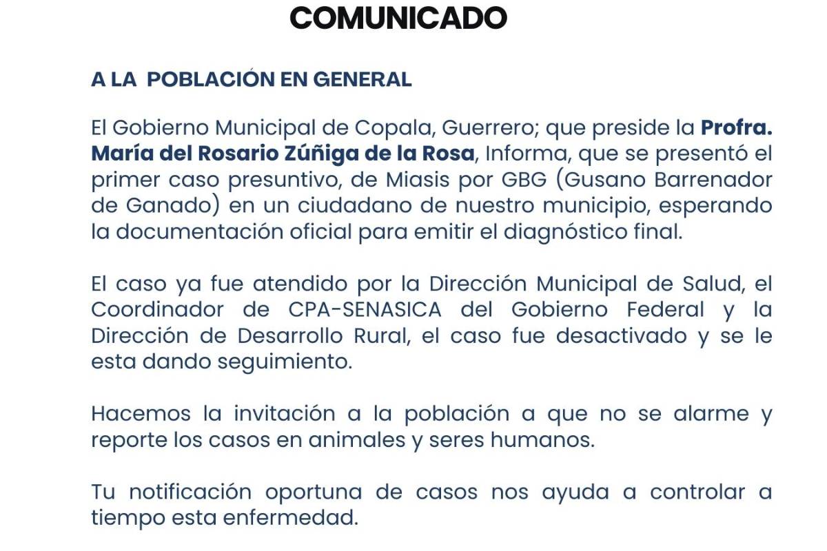 $!Guerrero: Gobierno de Copala sospecha primer caso de gusano barrenador en ciudadano