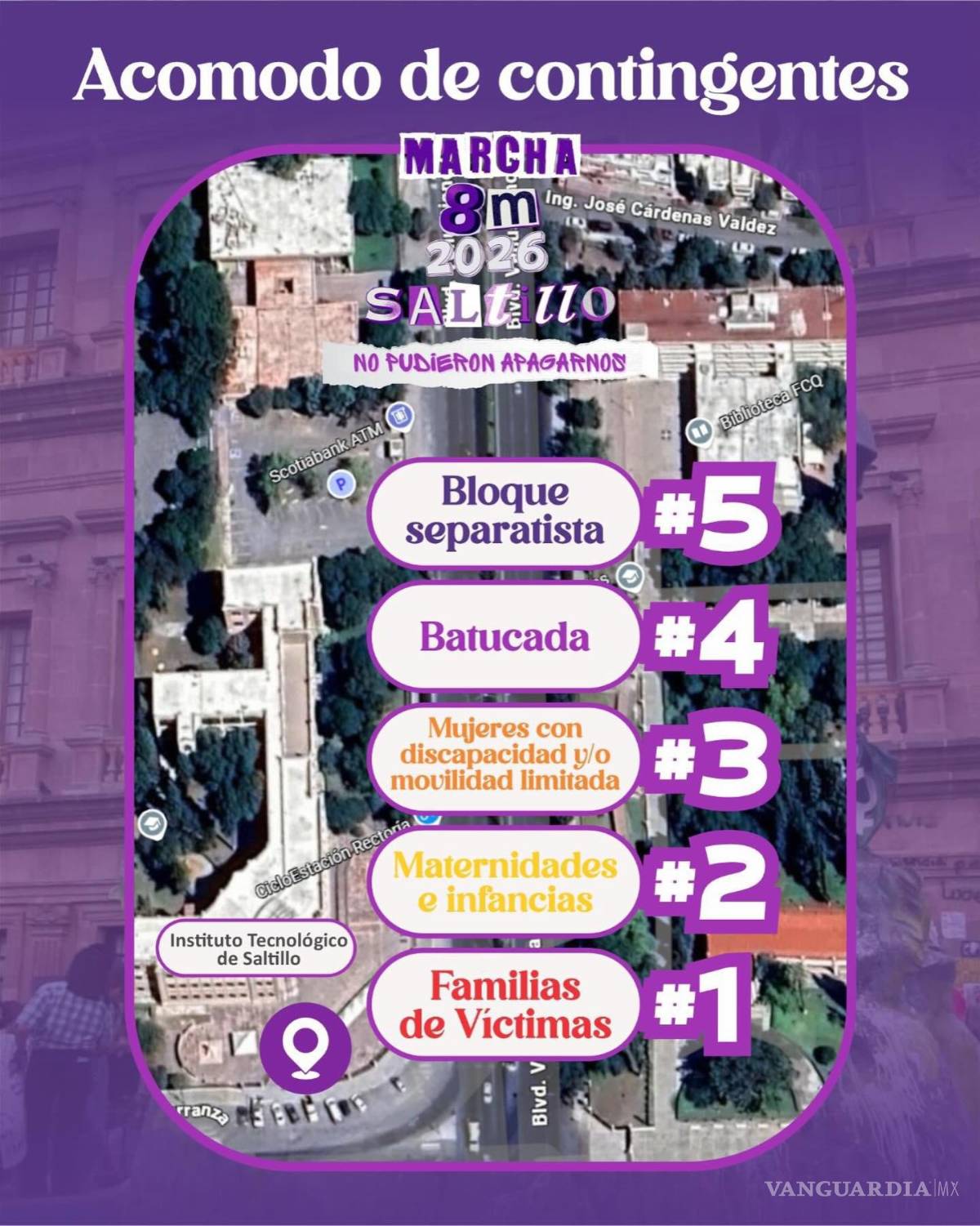 $!La marcha contará con bloques específicos, como familias de víctimas, maternidades, mujeres con discapacidad, batucada y bloque separatista, de acuerdo con la información oficial difundida en redes sociales.