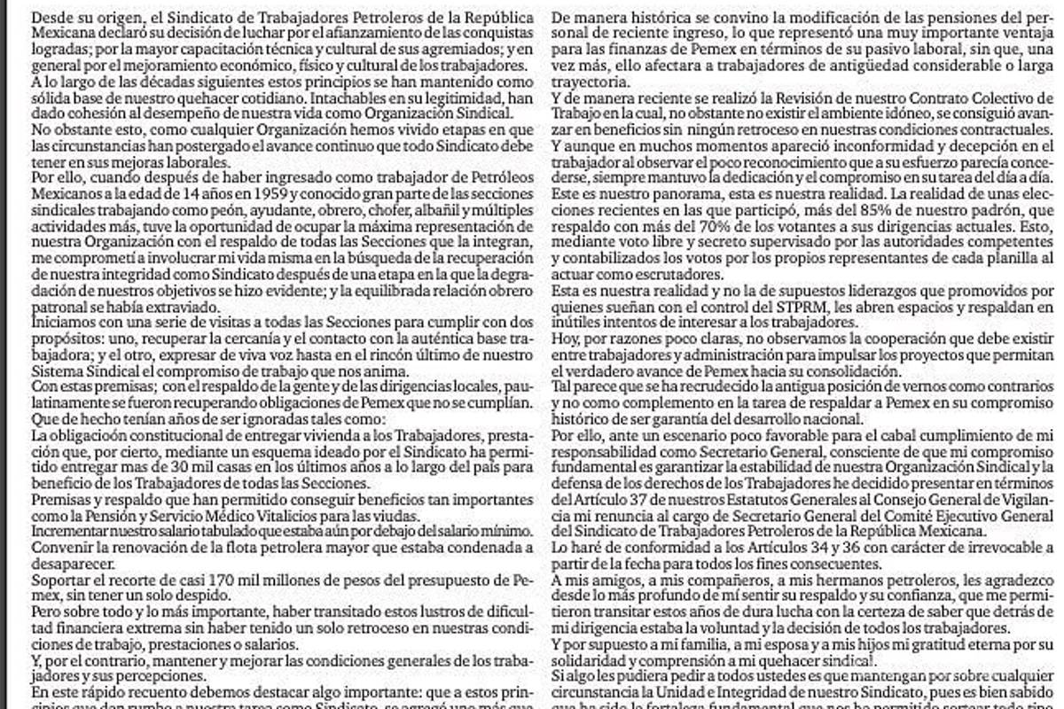 $!Se recrudeció la posición de vernos como contrarios en Pemex, dice Romero Deschamps tras renuncia
