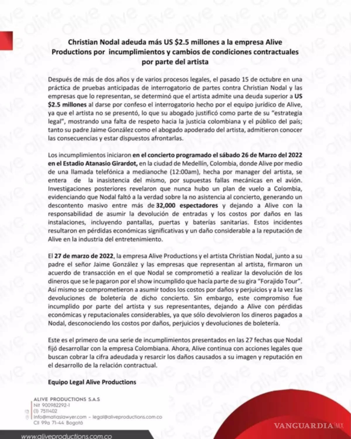 $!Alive Productions demanda a Christian Nodal por 2.5 millones de dólares tras cancelación de concierto en Medellín