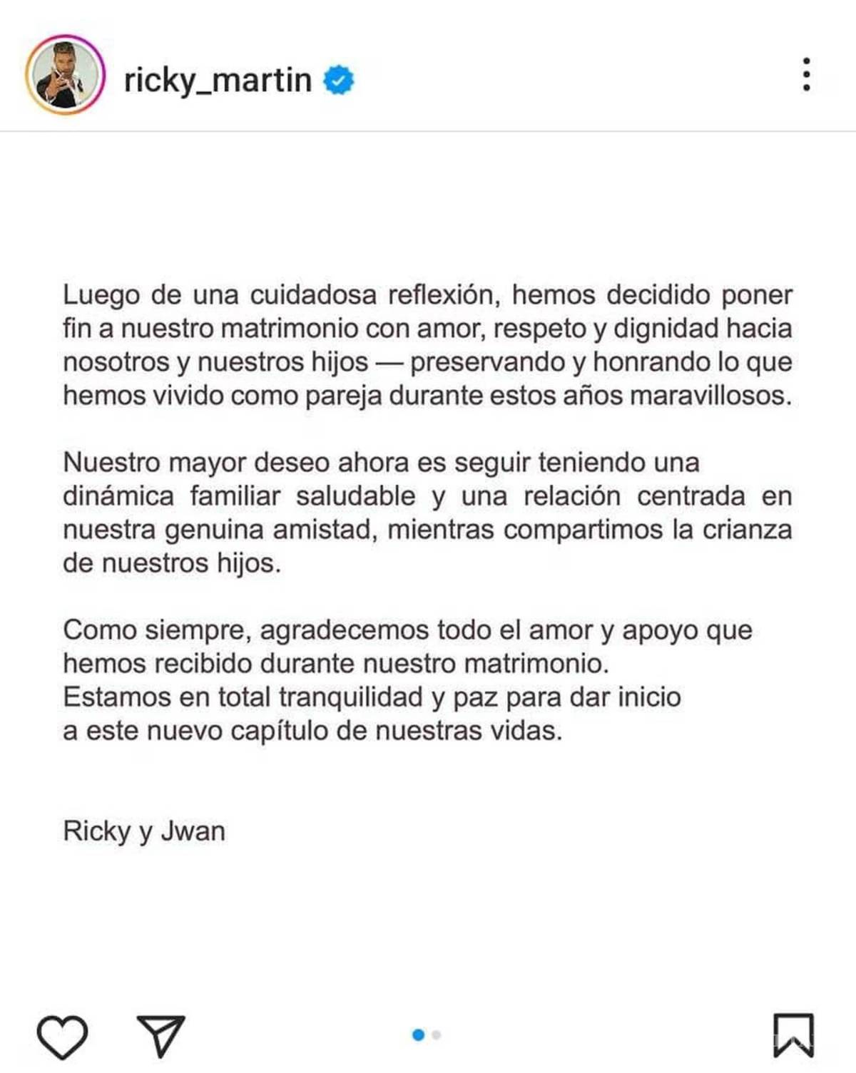 $!¡Ricky Martin se divorcia!... anuncia su separación de Jwan Yosef tras 6 años de matrimonio