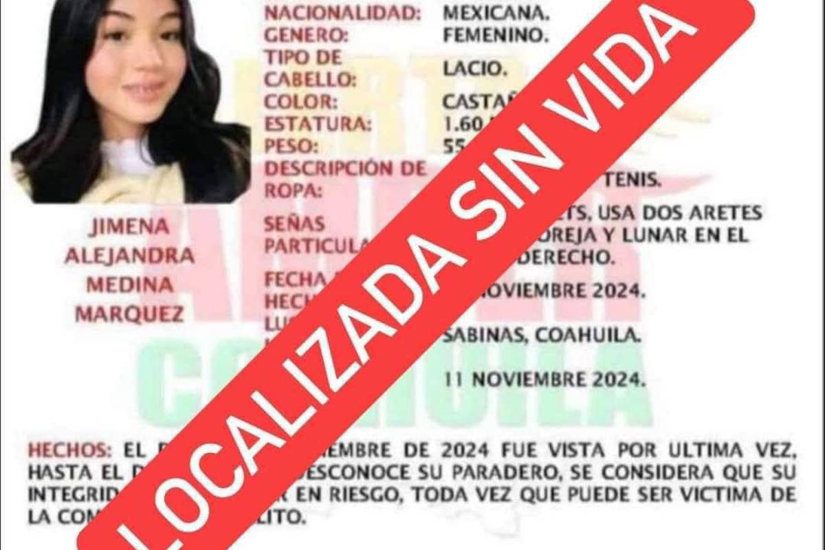 Confirman hallazgo de Jimena, de 17 años, en Sabinas; detienen a sospechoso