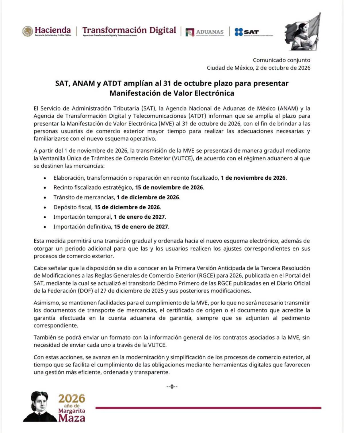 $!El SAT informó la ampliación del plazo para presentar la Manifestación de Valor Electrónica hasta el 31 de octubre.