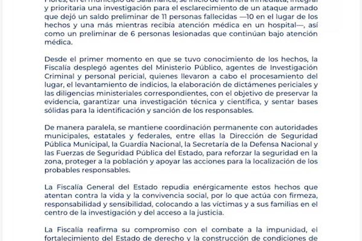 $!Fiscalía investiga ataque armado en campo de futbol de Salamanca que dejó 11 muertos
