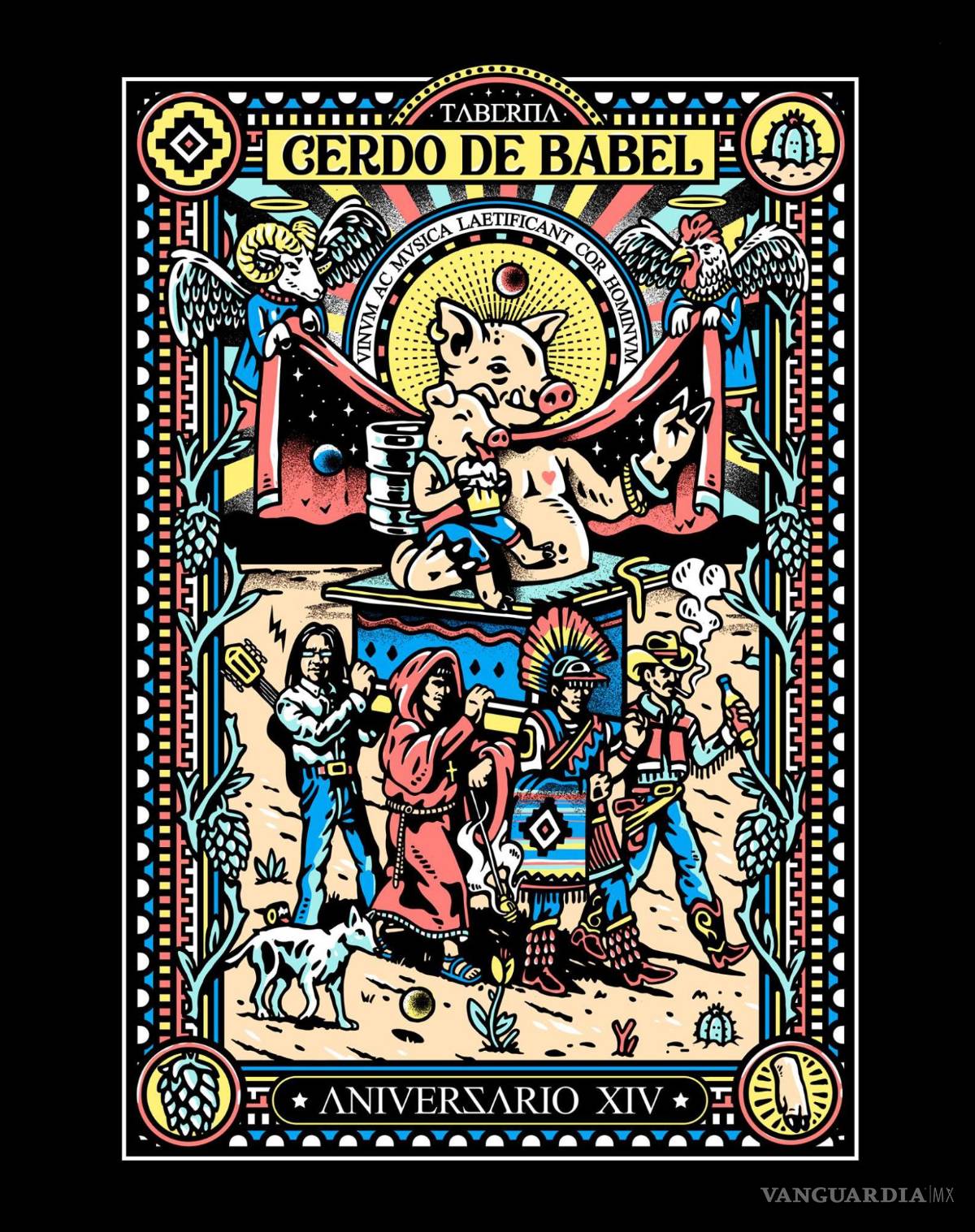 $!En 2018 creó esta imagen para el 14 aniversario del Cerdo de Babel, donde incluyó a figuras populares de la ciudad como los matlachines y ‘El hombre electrónico’.