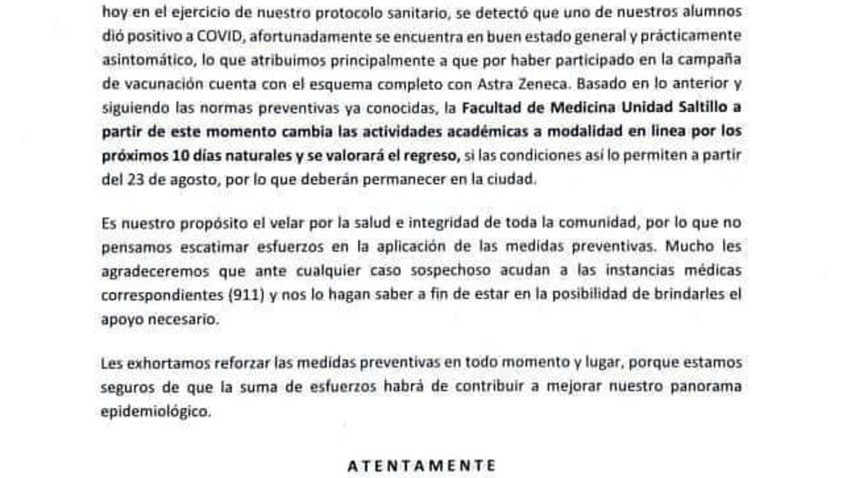 Por contagio de COVID-19, Facultad de Medicina UADEC suspende clases presenciales