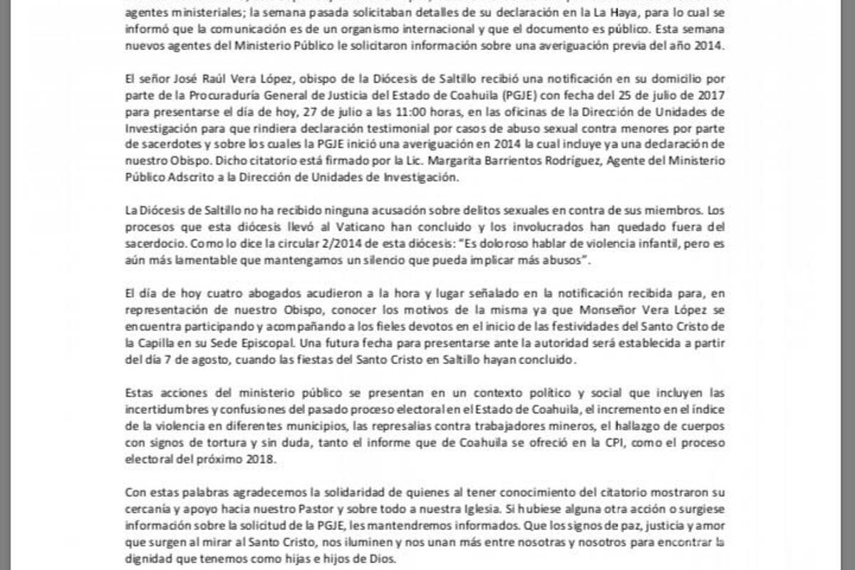 $!Procuraduría de Coahuila cita al obispo Vera a declarar por casos de pederastia