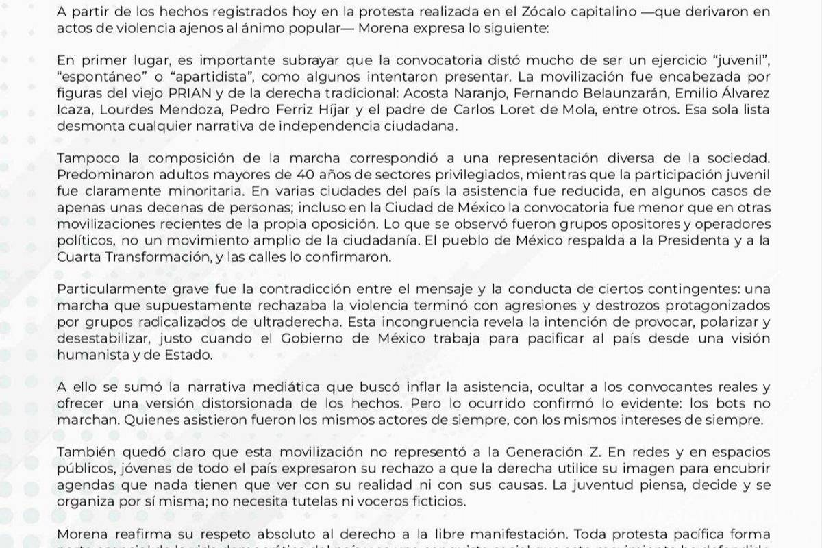 $!Morena sobre la ‘Marcha de la Generación Z’ en la Ciudad de México.