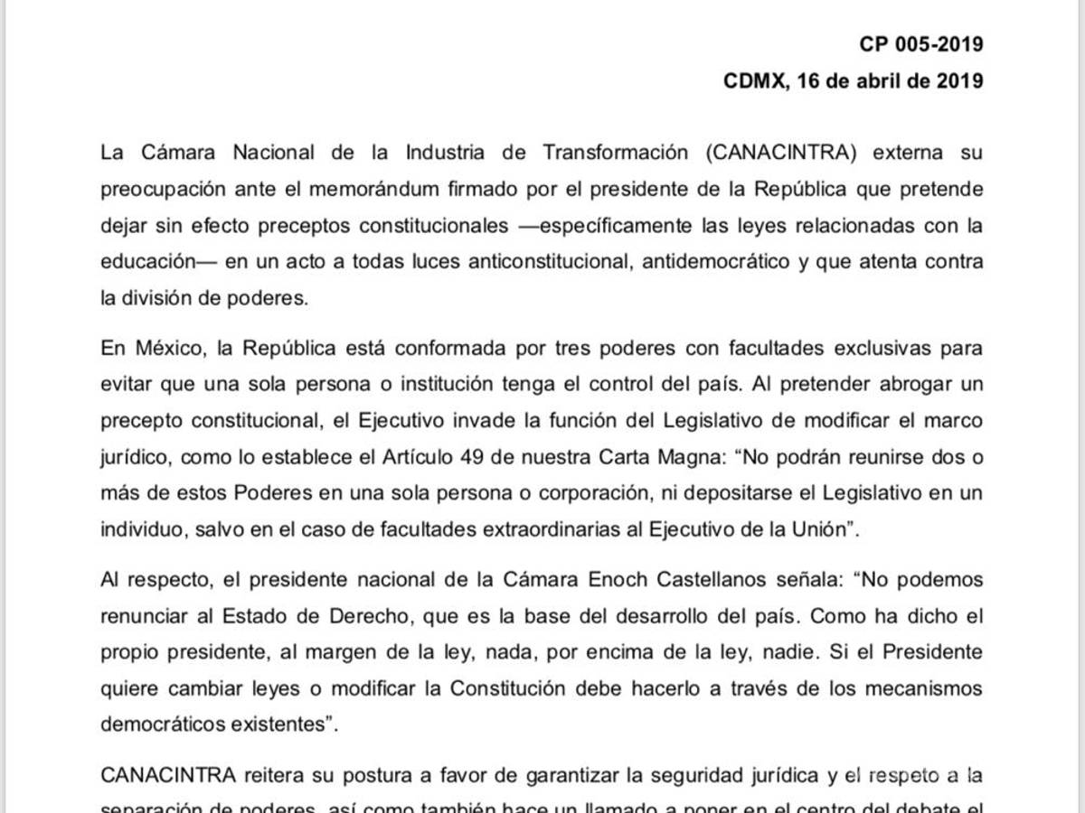 $!Canacintra se suma a críticas contra AMLO por memorándum