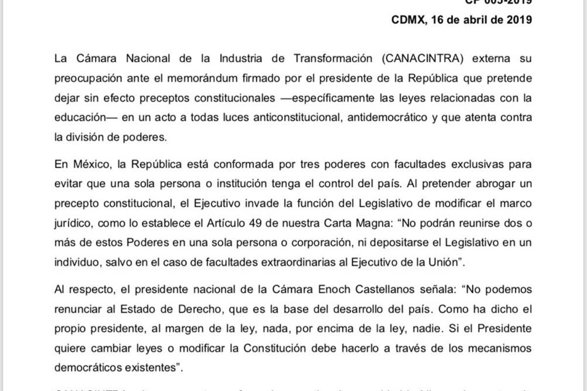 $!Canacintra se suma a críticas contra AMLO por memorándum