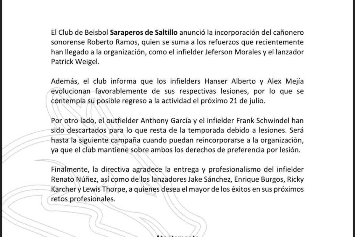 $!Saraperos de Saltillo suma a Roberto Ramos y alista regreso de Alex Mejía para cerrar temporada 2025