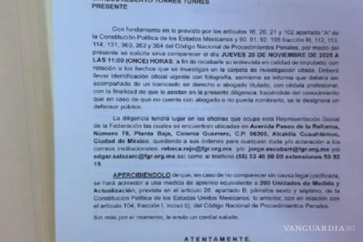 $!La FGR donde se llamó a comparecer a Carlos Alberto Torres Torres, exesposo de la gobernadora de Baja California, Marina del Pilar Ávila Olmeda.