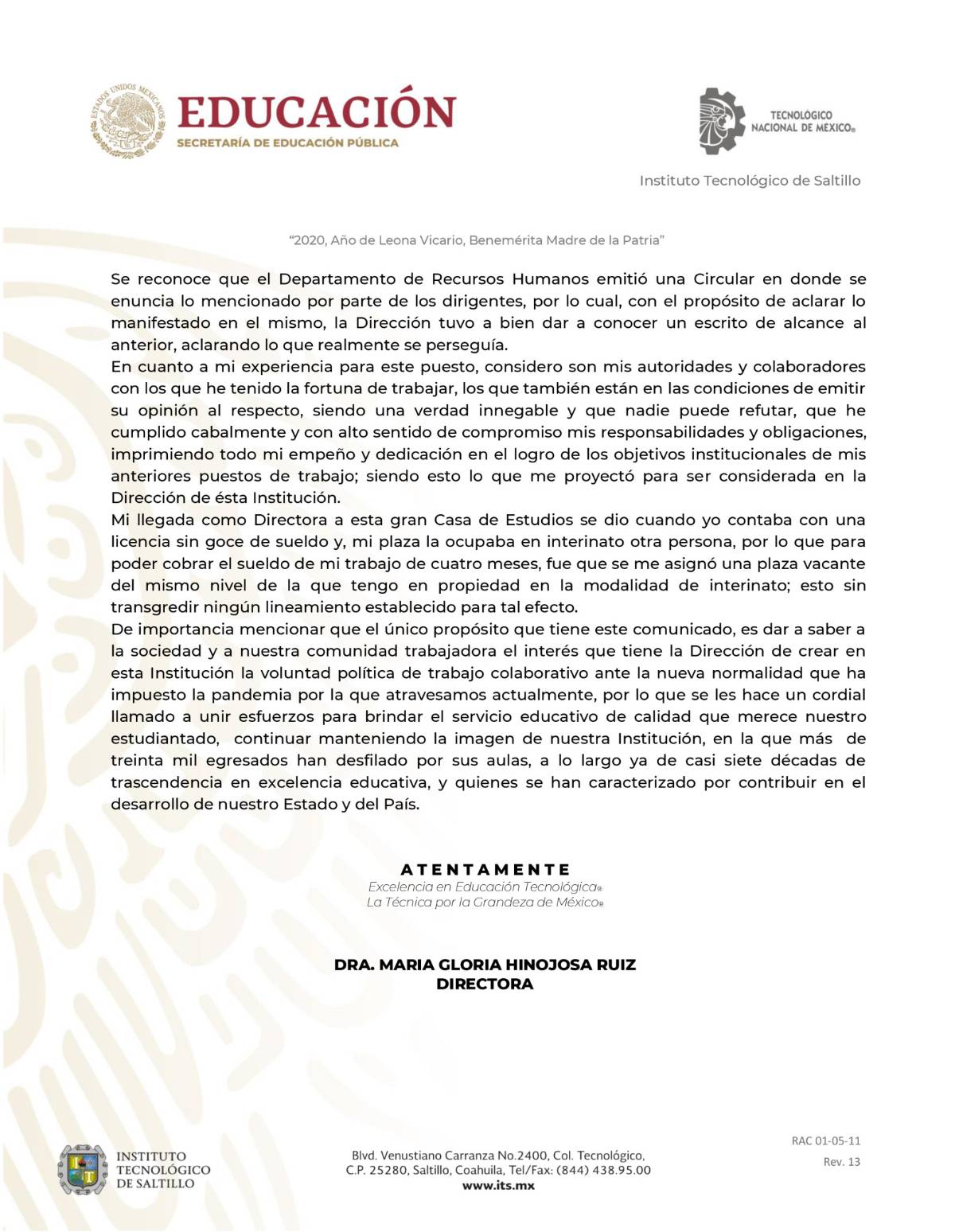 $!No se han transgredido las leyes del Instituto Tecnológico de Saltillo: Directora