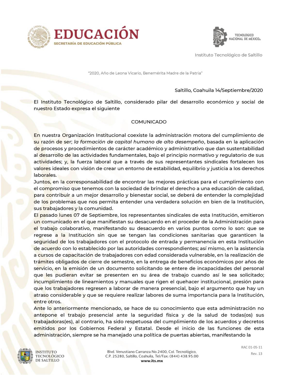 $!No se han transgredido las leyes del Instituto Tecnológico de Saltillo: Directora