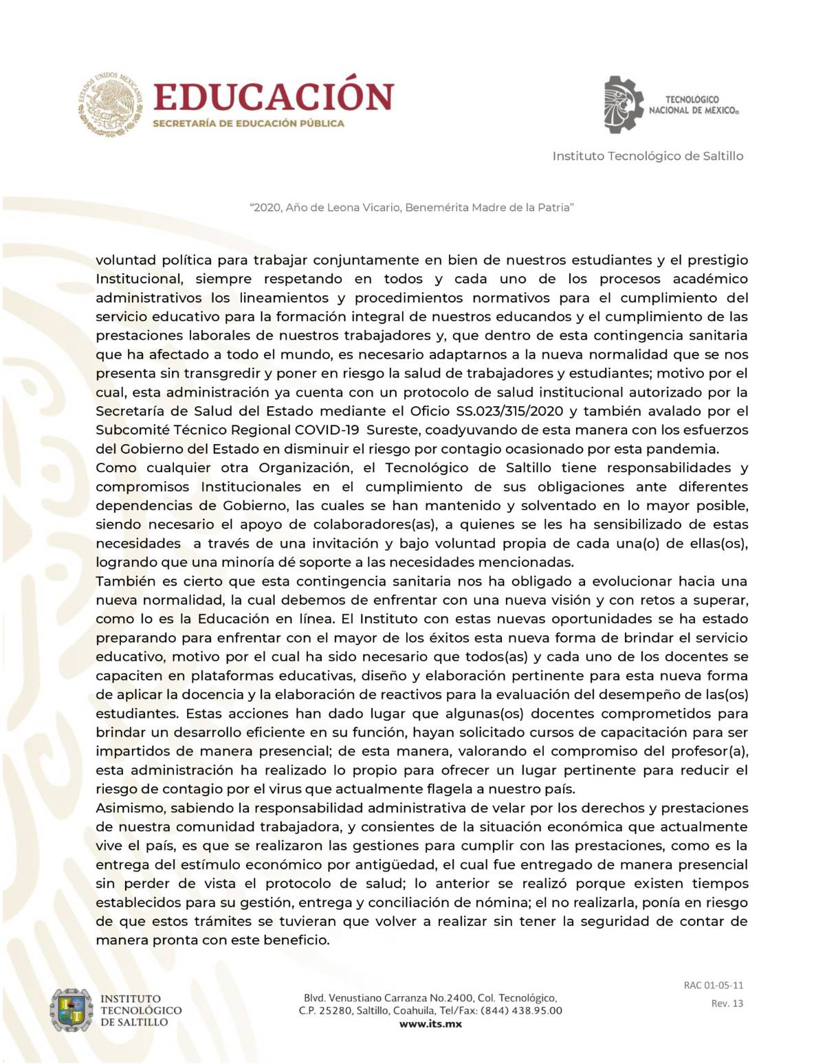 $!No se han transgredido las leyes del Instituto Tecnológico de Saltillo: Directora