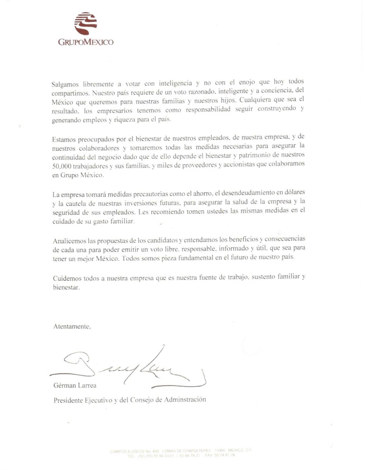 $!Grupo México llama a empleados a no votar por un gobierno populista
