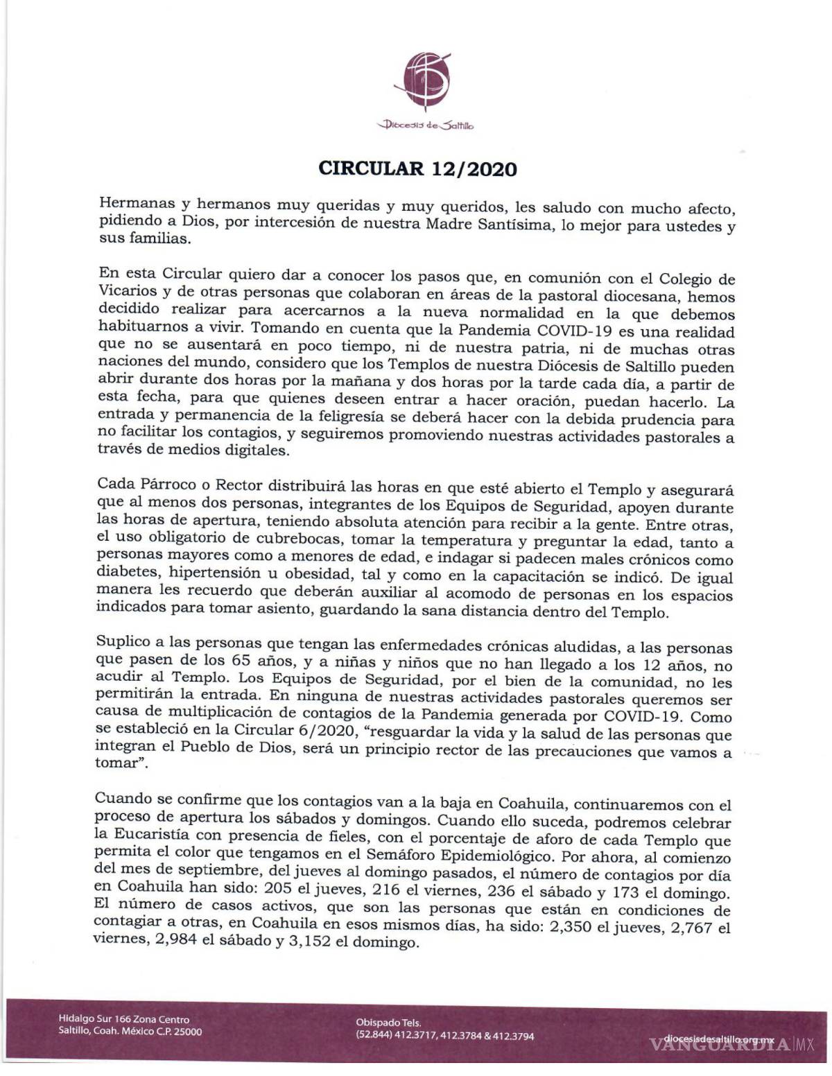 $!Templos de Saltillo podrán recibir fieles 2 horas por la mañana y 2 horas por la tarde