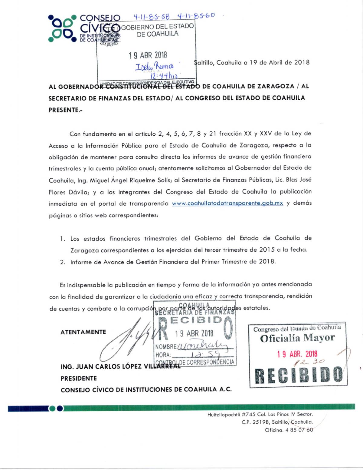 $!Llama Consejo Cívico a transparentar información financiera de Coahuila