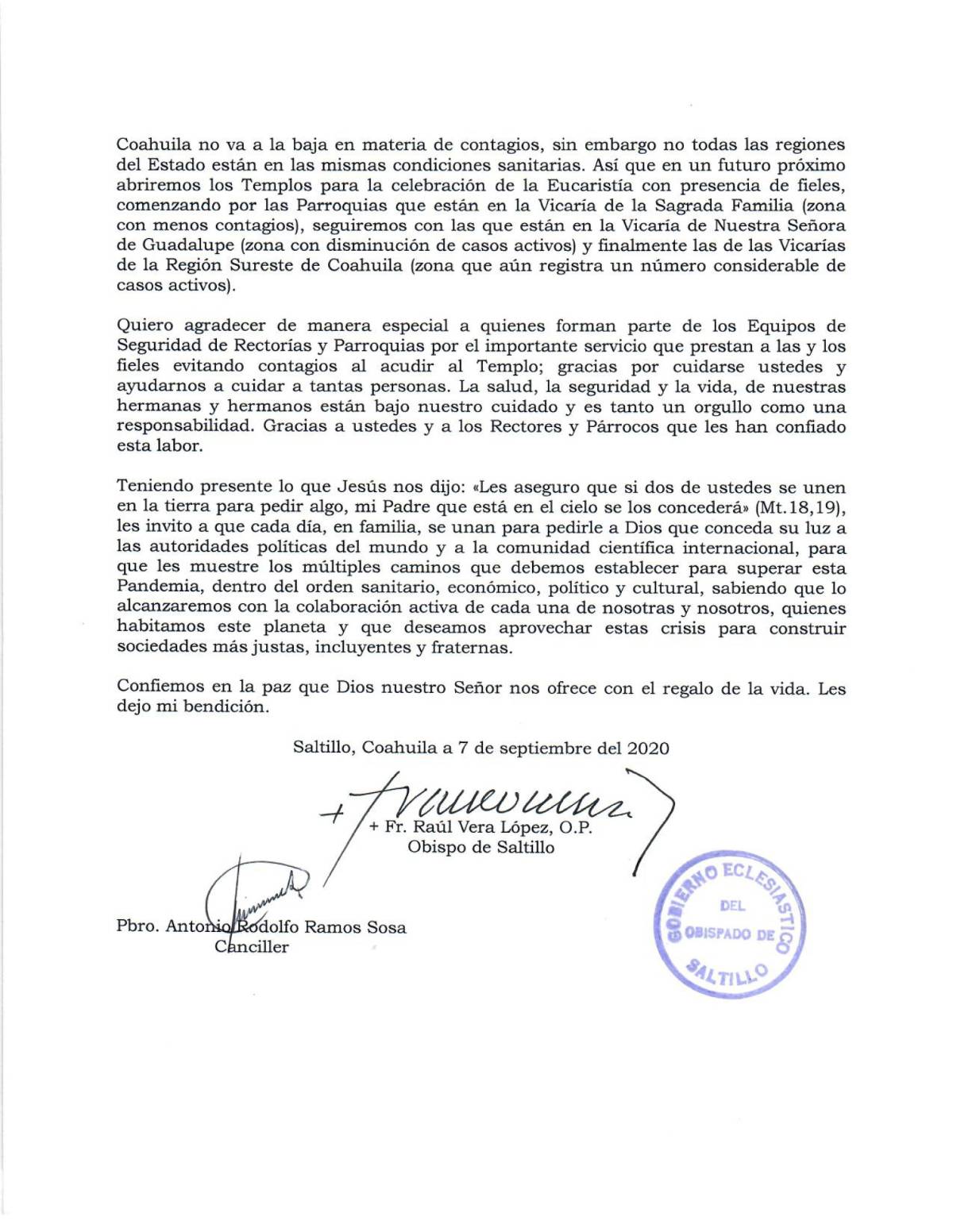 $!Templos de Saltillo podrán recibir fieles 2 horas por la mañana y 2 horas por la tarde