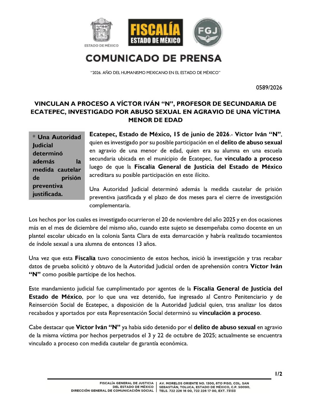 $!Vinculan a proceso a profesor de Ecatepec por segunda causa penal por abuso sexual contra alumna