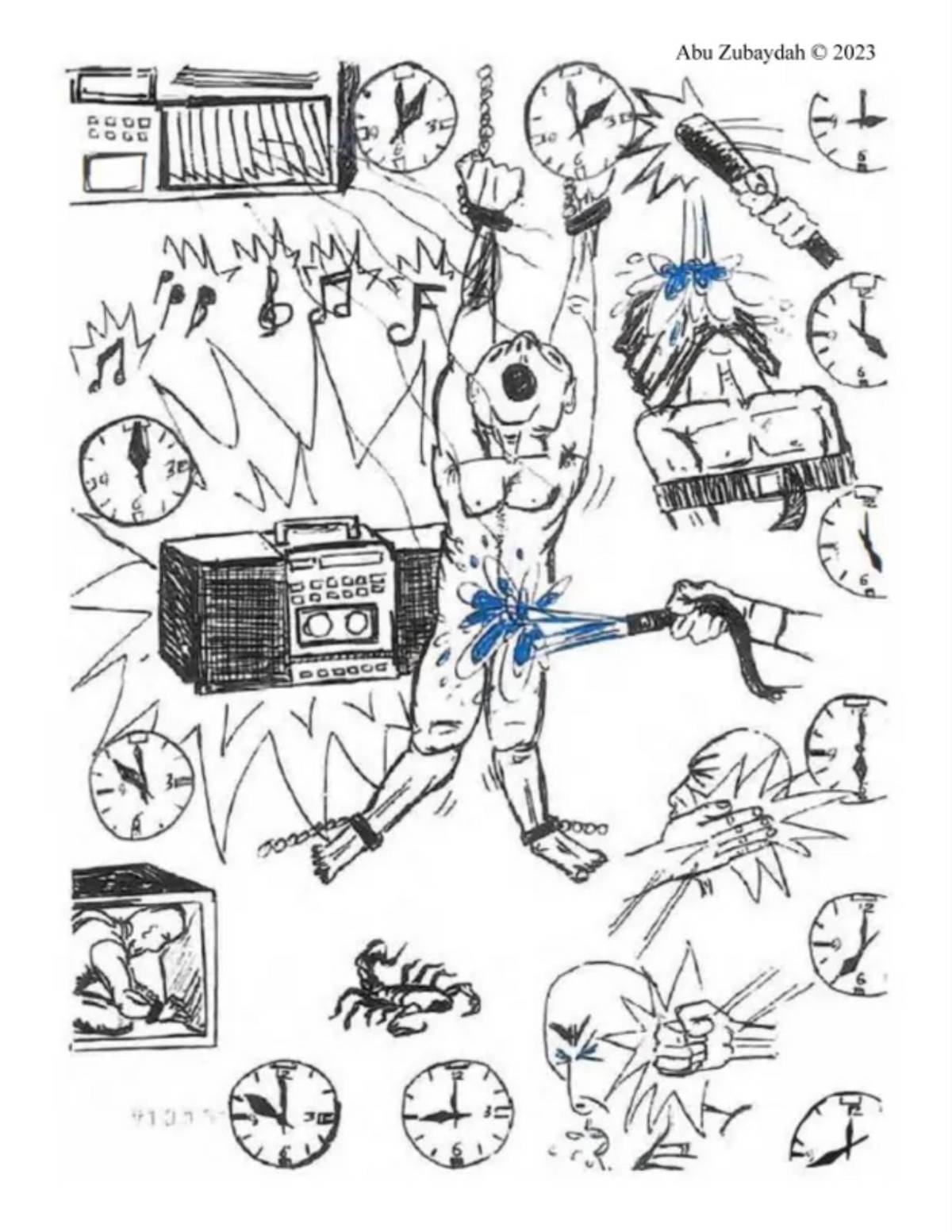 $!Abu Zubaydah, conocido como el “prisionero eterno”, preso en Guantánamo desde 2006, muestra en dibujos la tortura a la que fue sometido por la CIA.