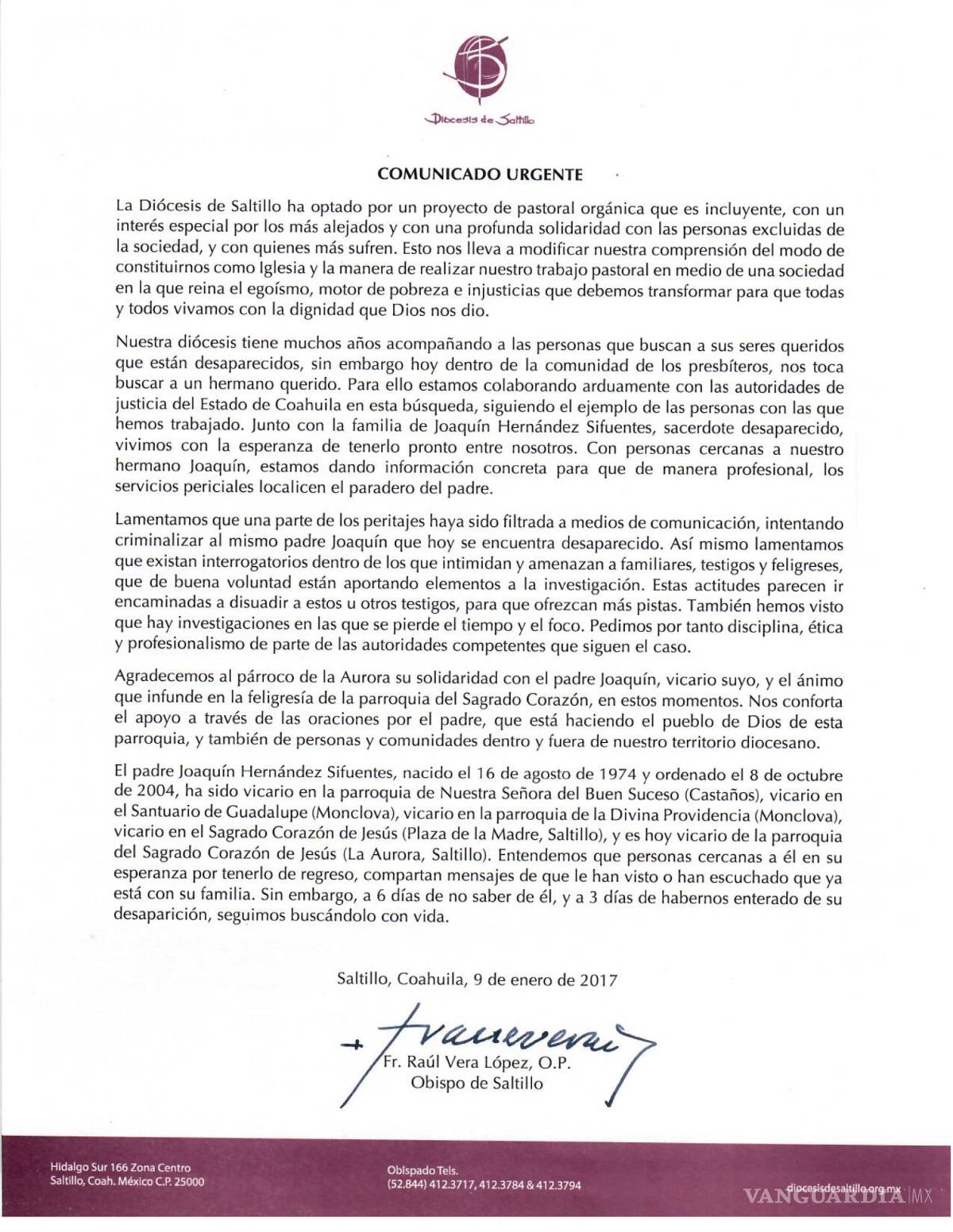 $!Lamenta Diócesis de Saltillo ‘intimidación’ en interrogatorios sobre sacerdote desaparecido