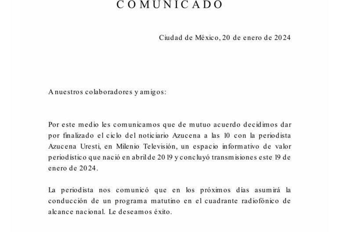 $!Grupo Milenio envía comunicado de prensa para aclarar salida de Azucena Uresti.