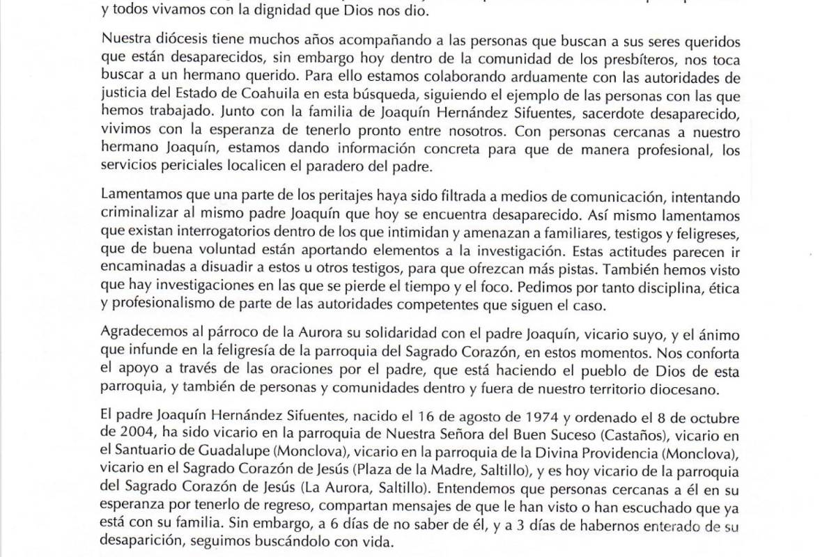 $!Lamenta Diócesis de Saltillo ‘intimidación’ en interrogatorios sobre sacerdote desaparecido