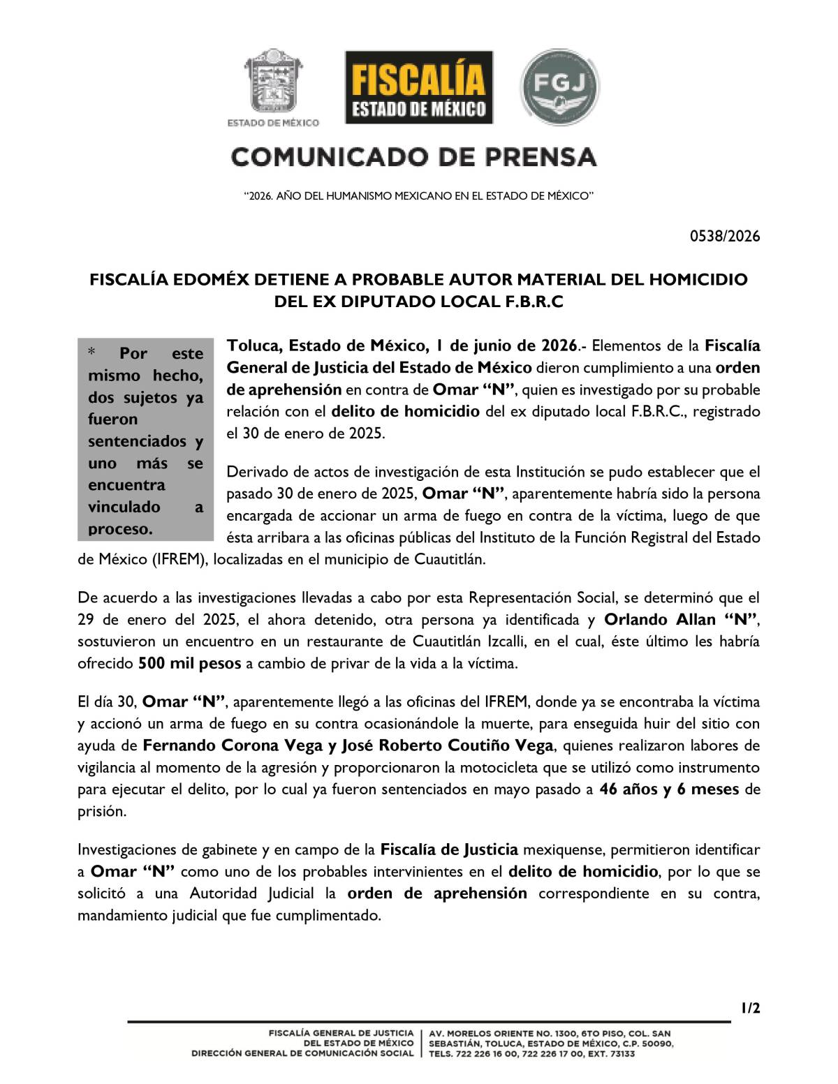 $!Detienen a Omar ‘N’, presunto autor material del asesinato del exdiputado Francisco Rojas Cano en Edomex
