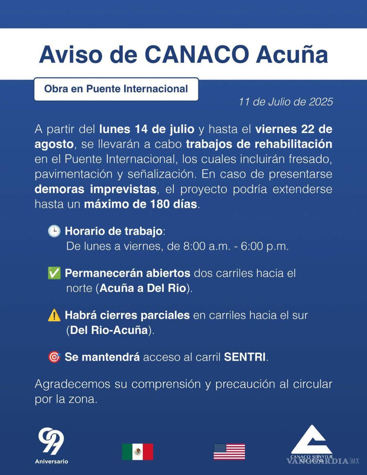 $!La Canaco Servytur Acuña emitió un comunicado informando sobre el inicio y duración de las obras en el Puente Internacional.