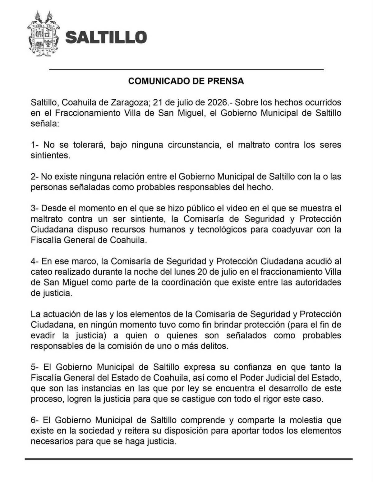 $!A través de un comunicado, el Gobierno Municipal de Saltillo negó cualquier vínculo con las personas señaladas por el caso de Rocky y afirmó que colaborará con las autoridades para el esclarecimiento de los hechos.
