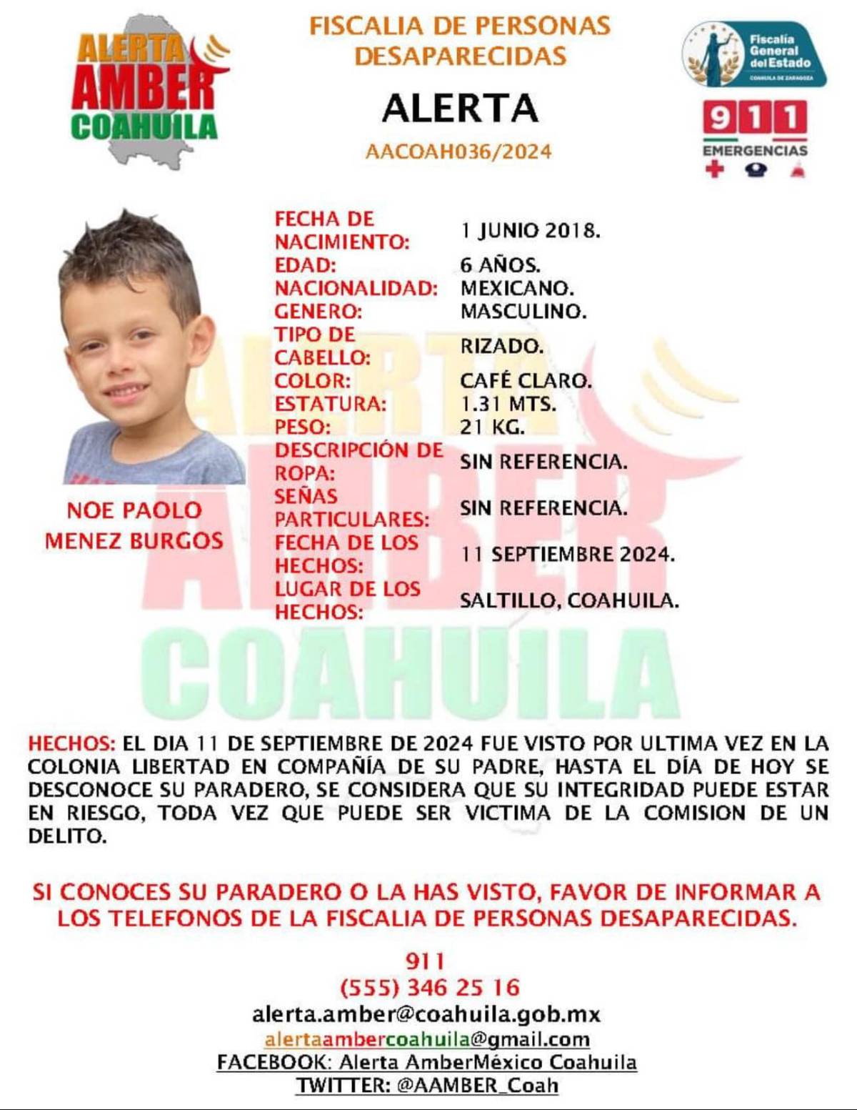 $!Las autoridades solicitan el apoyo de la ciudadanía para encontrar a Noe Paolo, quien fue visto por última vez en la colonia Libertad.